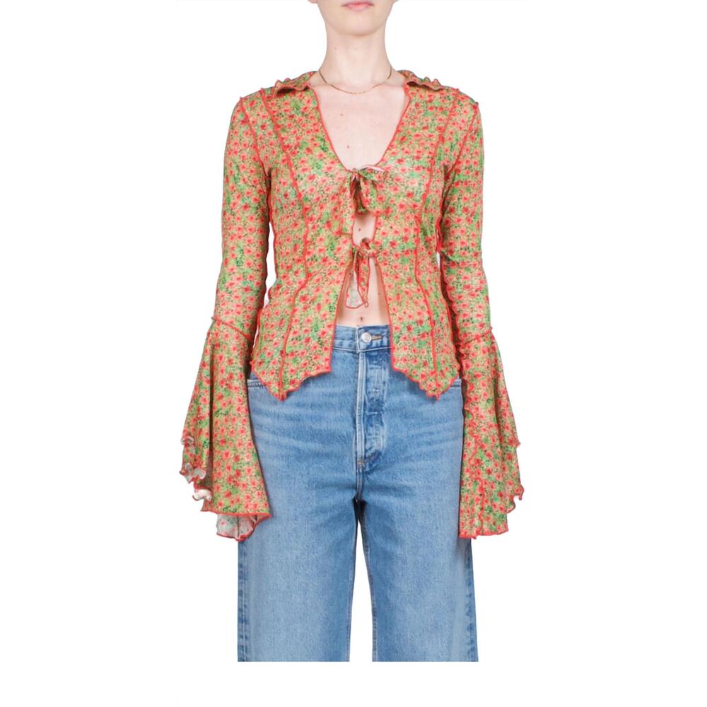 NEW SIEDRÉS zee fluted sleeve tie-front shirt in multi